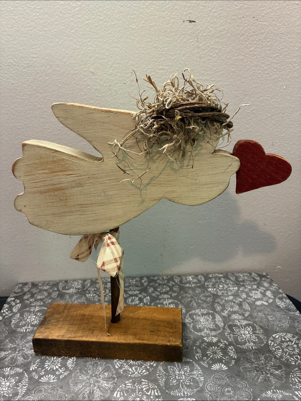 Vintage Wooden Angel Figure with Red Heart Accent